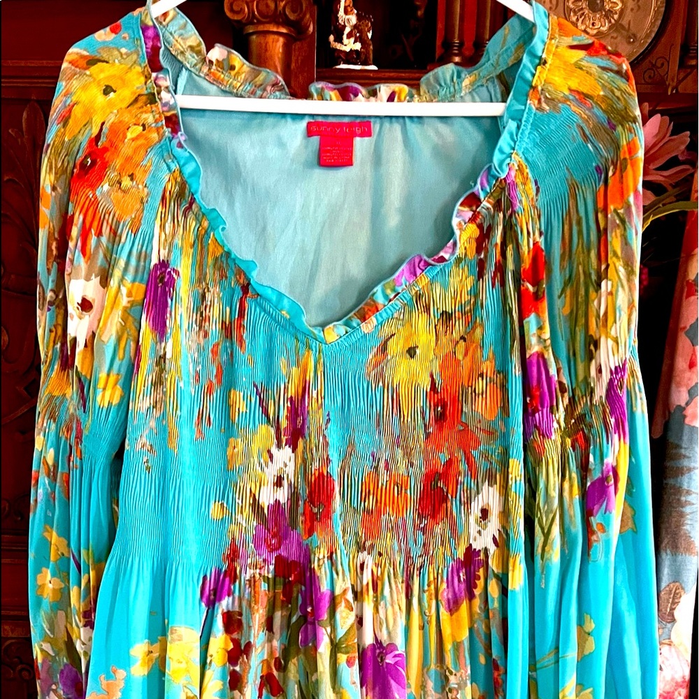 Adorable, Floral, Aqua, dress, LS, light festival, and lots of personality. XL
